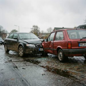 Front eines Wagens prallt heftig gegen die Seite eines älteren Kleinwagens, dessen Blech auf regennasser Straße einknickt.