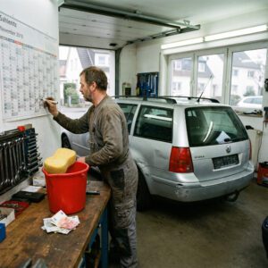 Ein Mann streicht geduldig einen Tag auf einem Wandkalender neben dem glänzend reparierten Heck seines Autos ab.