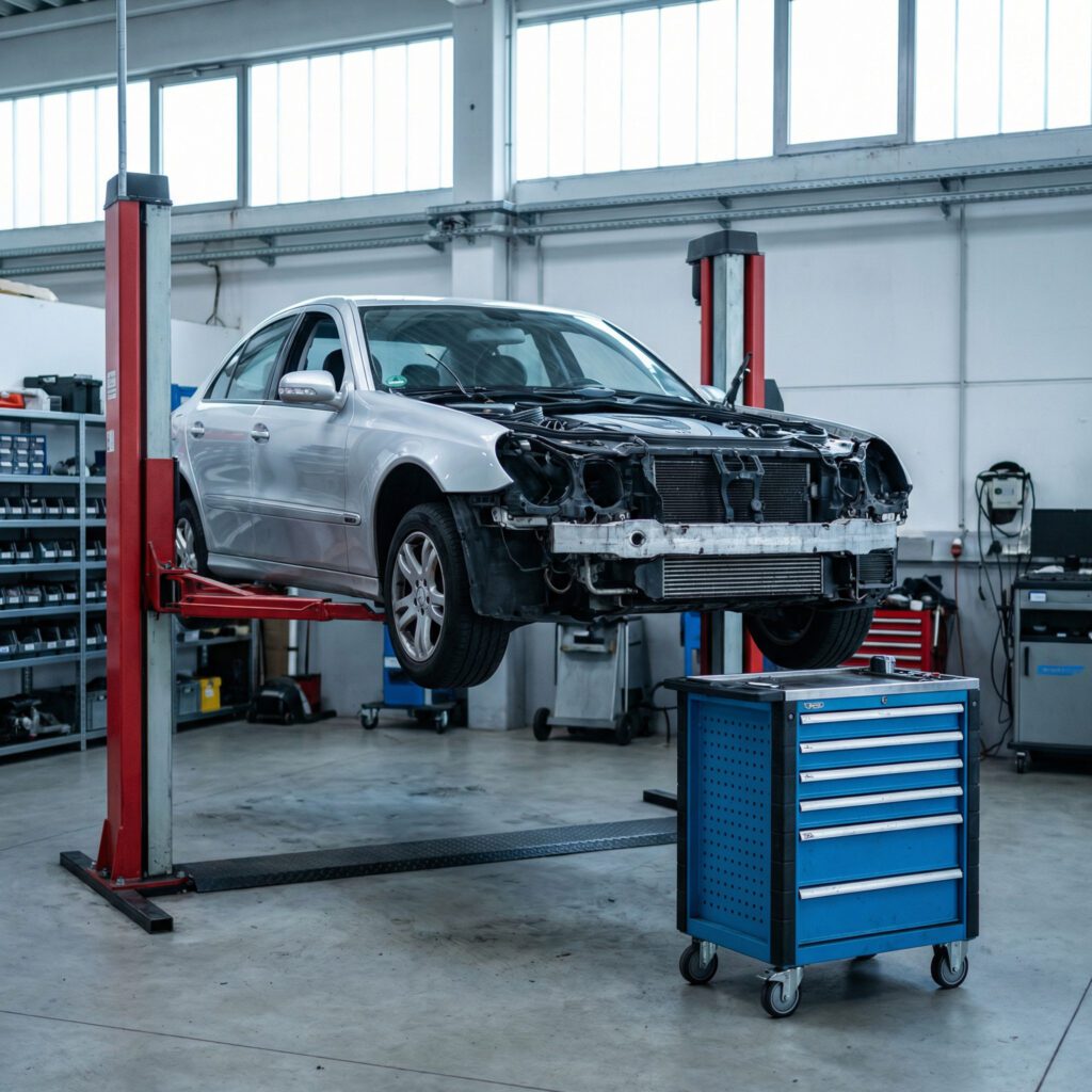 Ein teilzerlegter Wagen mit demontierter Stoßstange und leeren Scheinwerferhöhlen steht wartend auf einer Hebebühne.