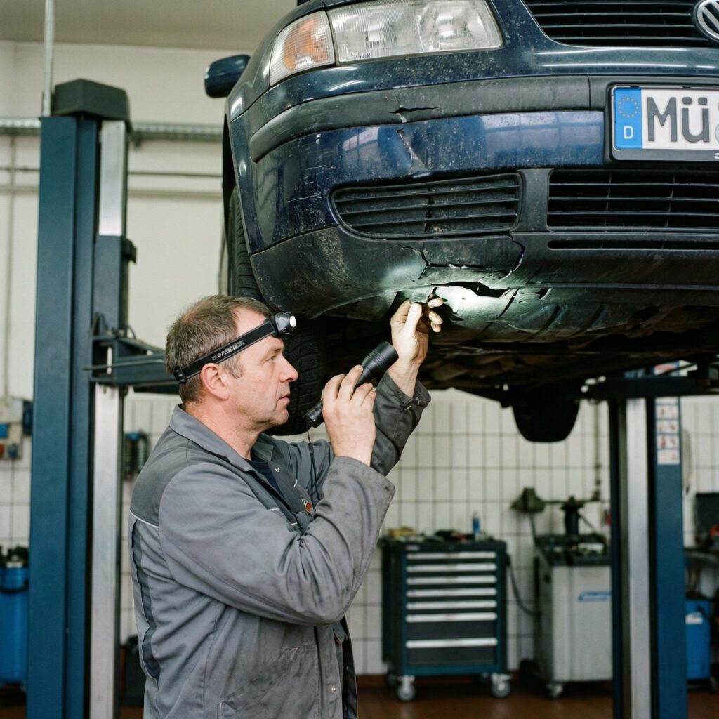 Sachverständiger prüft mit einer Taschenlampe sorgfältig den Unterboden eines Unfallwagens auf einer Hebebühne.