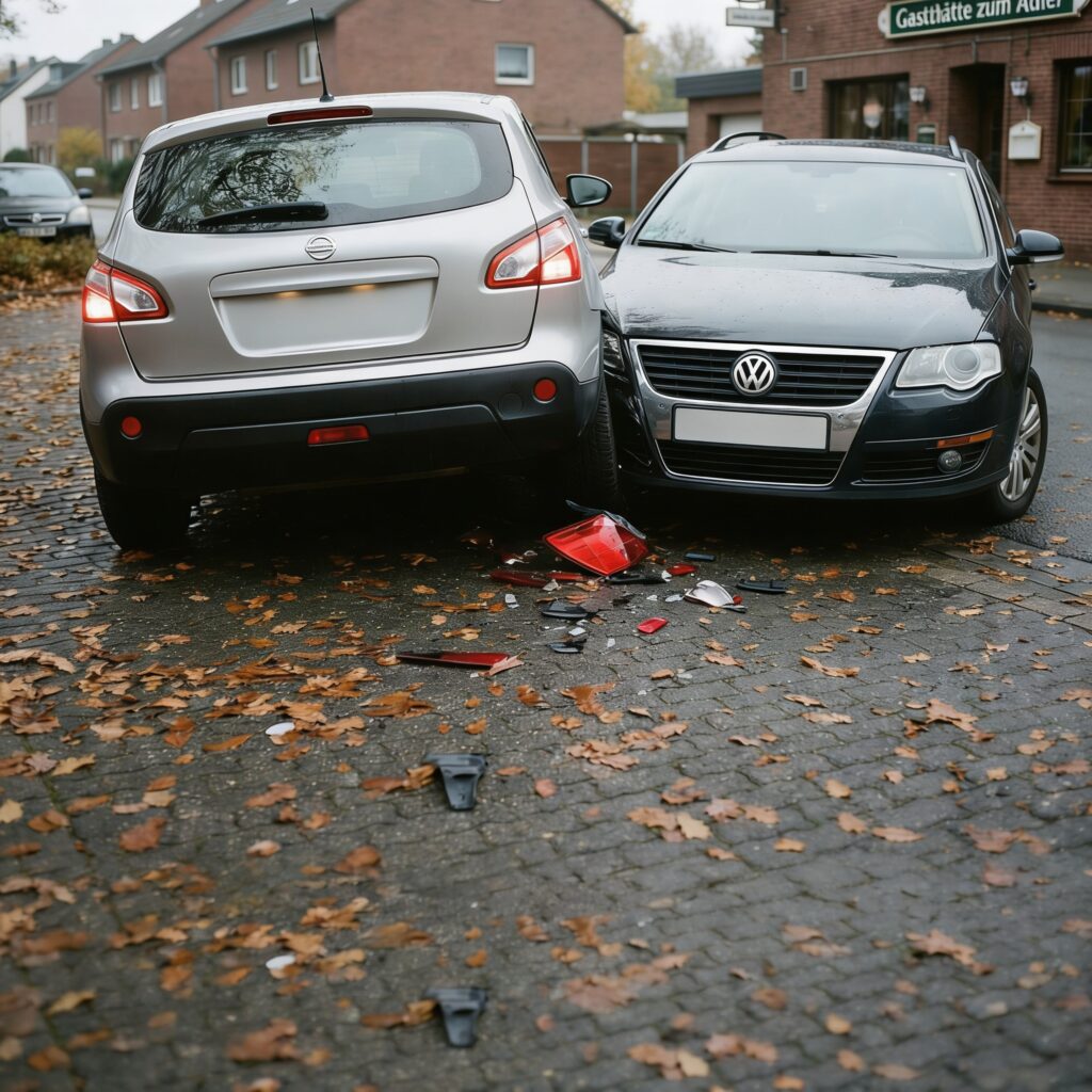 Silberner Nissan Qashqai prallt rückwärts gegen ein stehendes Auto; Fokus auf die verkeilten und verformten Stoßstangen.