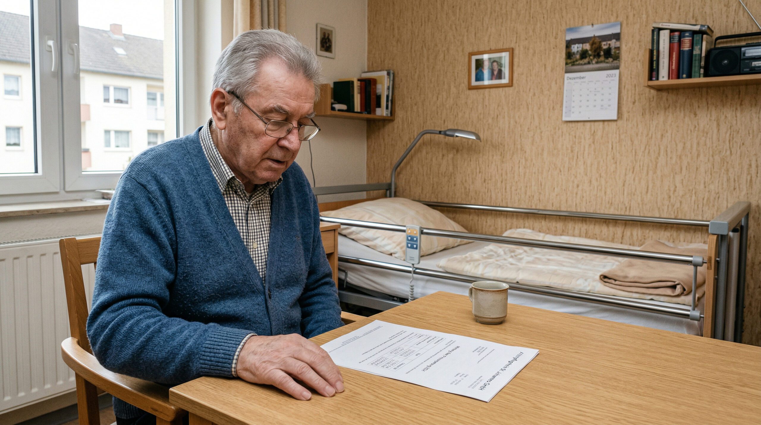 Ein besorgter Senior studiert ein formelles Schreiben mit einer Preiserhöhungstabelle im wohnlichen Pflegezimmer.
