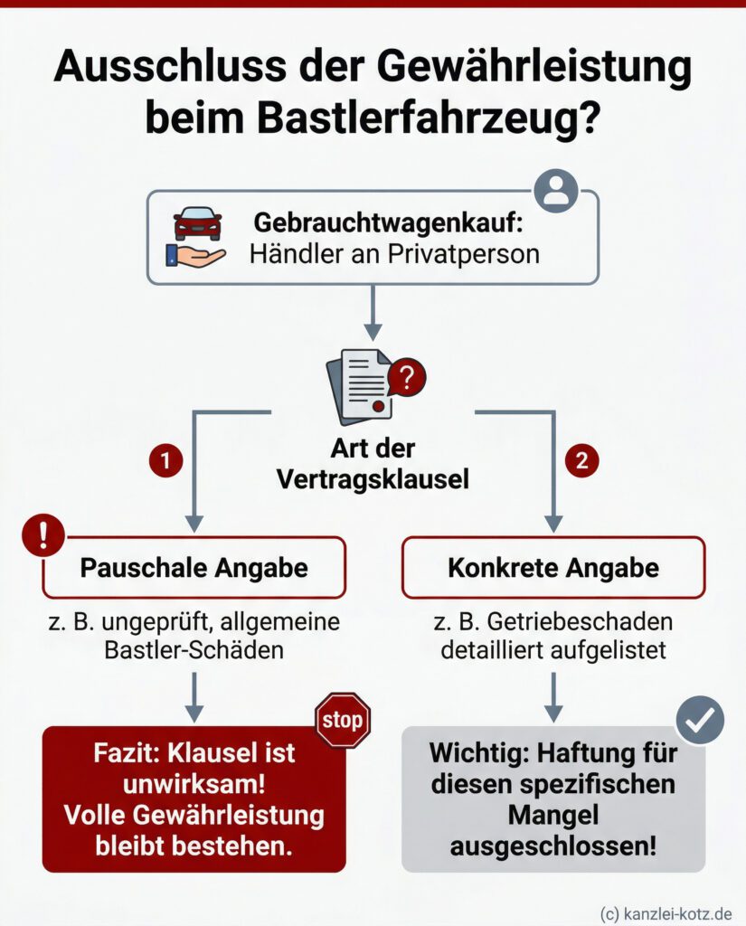 Infografik: Flussdiagramm zur rechtlichen Wirksamkeit der Klausel 'Bastlerfahrzeug' beim Gebrauchtwagenkauf. Es zeigt, dass pauschale Mängelhinweise unwirksam sind, während nur konkret benannte Defekte einen gültigen Haftungsausschluss bewirken.