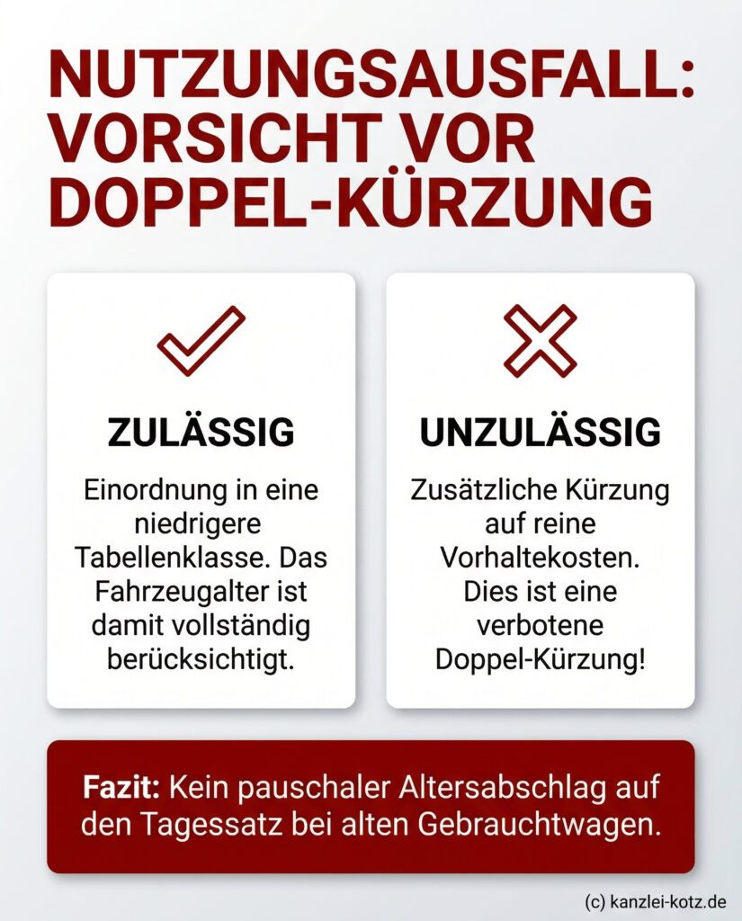 Infografik zeigt: Bei alten Autos ist eine Herabstufung in der Tabelle zulässig, ein weiterer pauschaler Altersabschlag jedoch verboten.