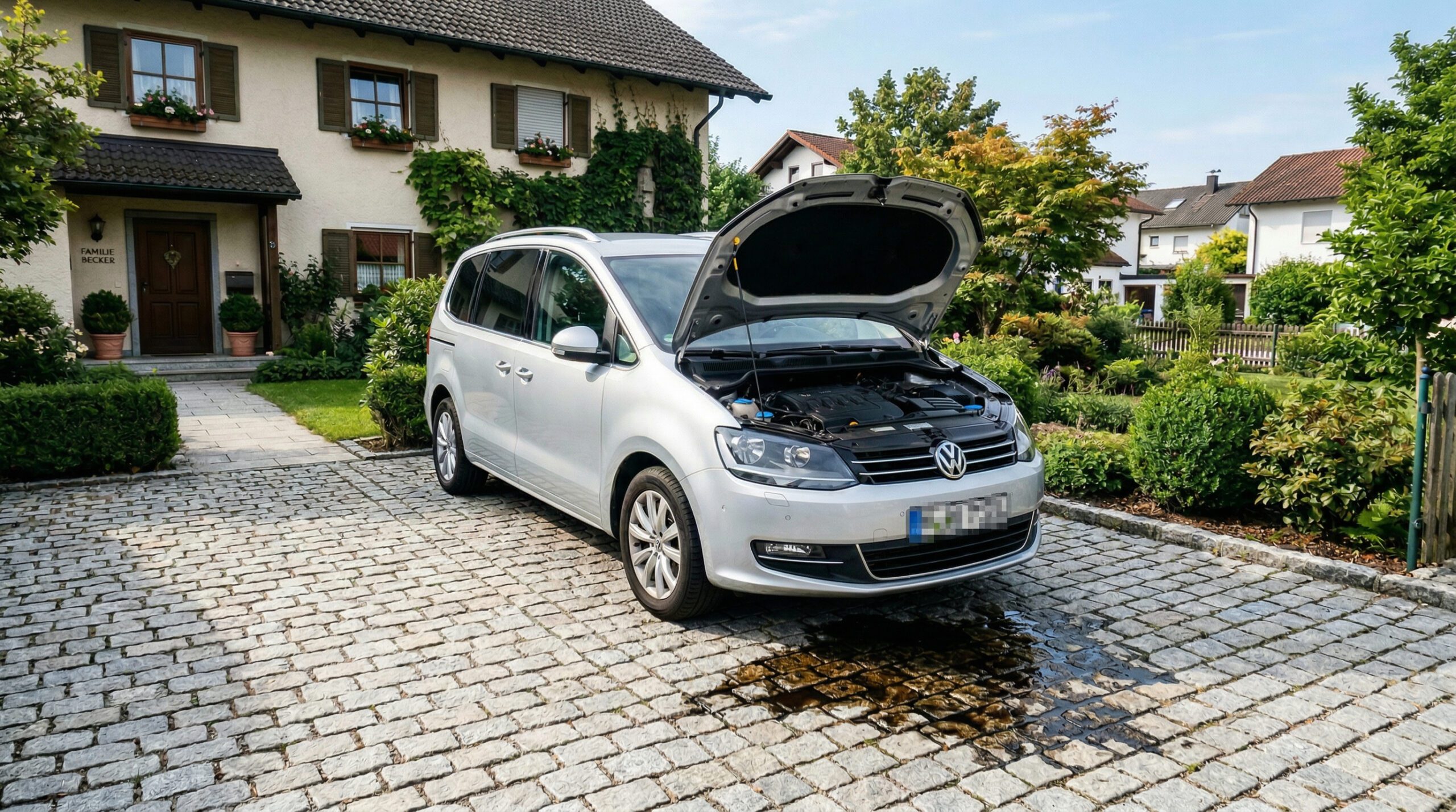 Ein glänzender Familien-Van mit offener Motorhaube steht über einer großen, dunklen Öllache auf einer Pflastereinfahrt.