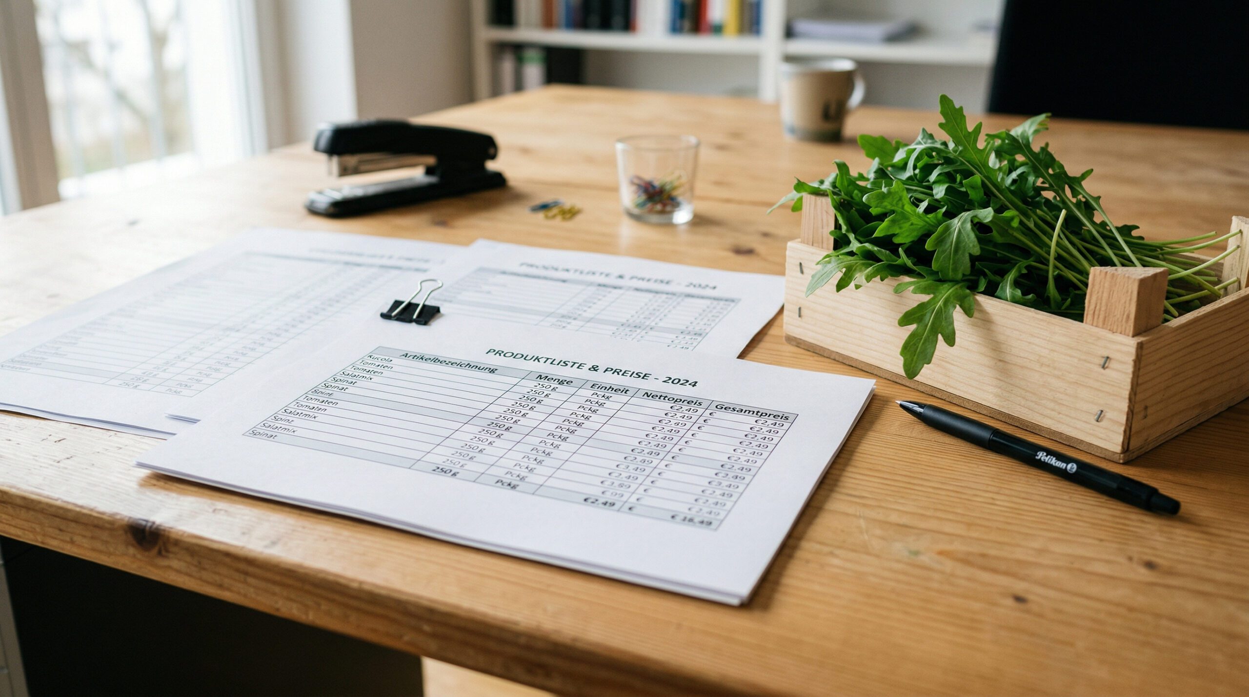 Gedruckte Datentabellen mit Rucola-Angaben neben einer Kiste frischem Rucola und einem Stift auf einem Schreibtisch.