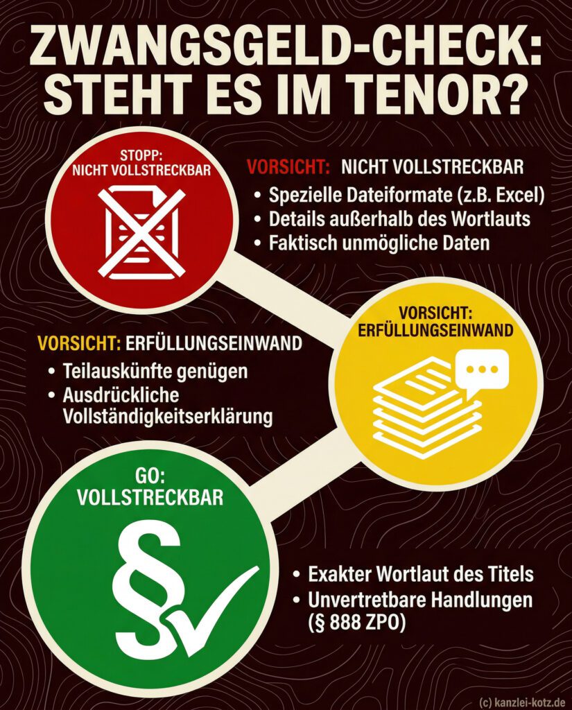 Infografik Zwangsgeld-Check: Ampel-Schema zeigt, was laut OLG Zweibrücken im Urteilstenor stehen muss.