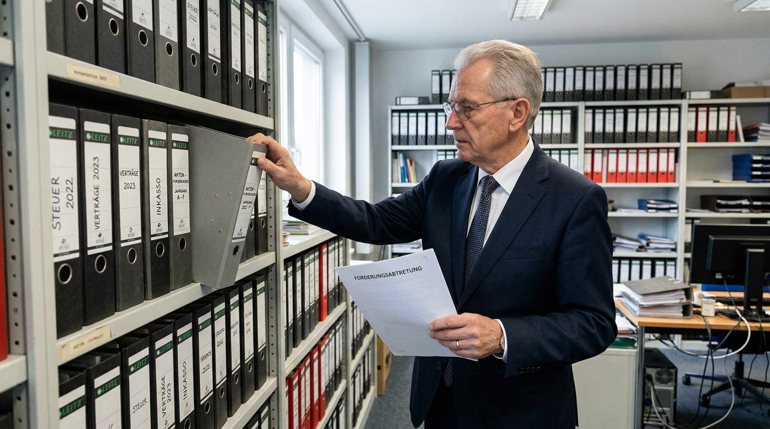 Älterer Mann im Anzug greift mit einem Dokument namens Forderungsabtretung gezielt nach einem grauen Aktenordner.