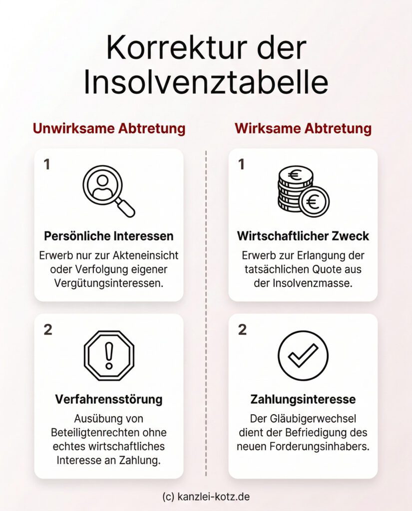 Infografik: Die Unwirksamkeit strategischer Forderungskäufe durch ehemalige Insolvenzverwalter bei Eigennützigkeit oder Verstoß gegen Treuepflichten gemäß § 399 BGB analog.
