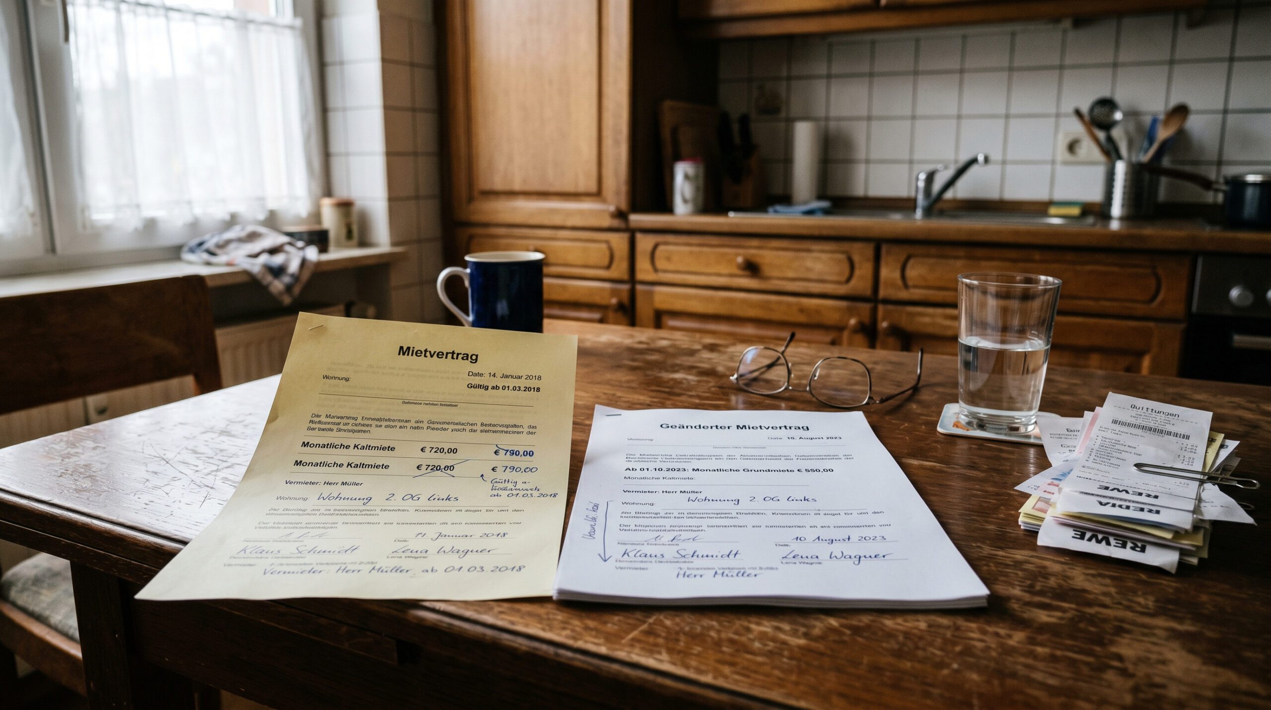 Zwei widersprüchliche Mietverträge mit Korrekturen neben einer Lesebrille und Quittungsblöcken auf einem Küchentisch.