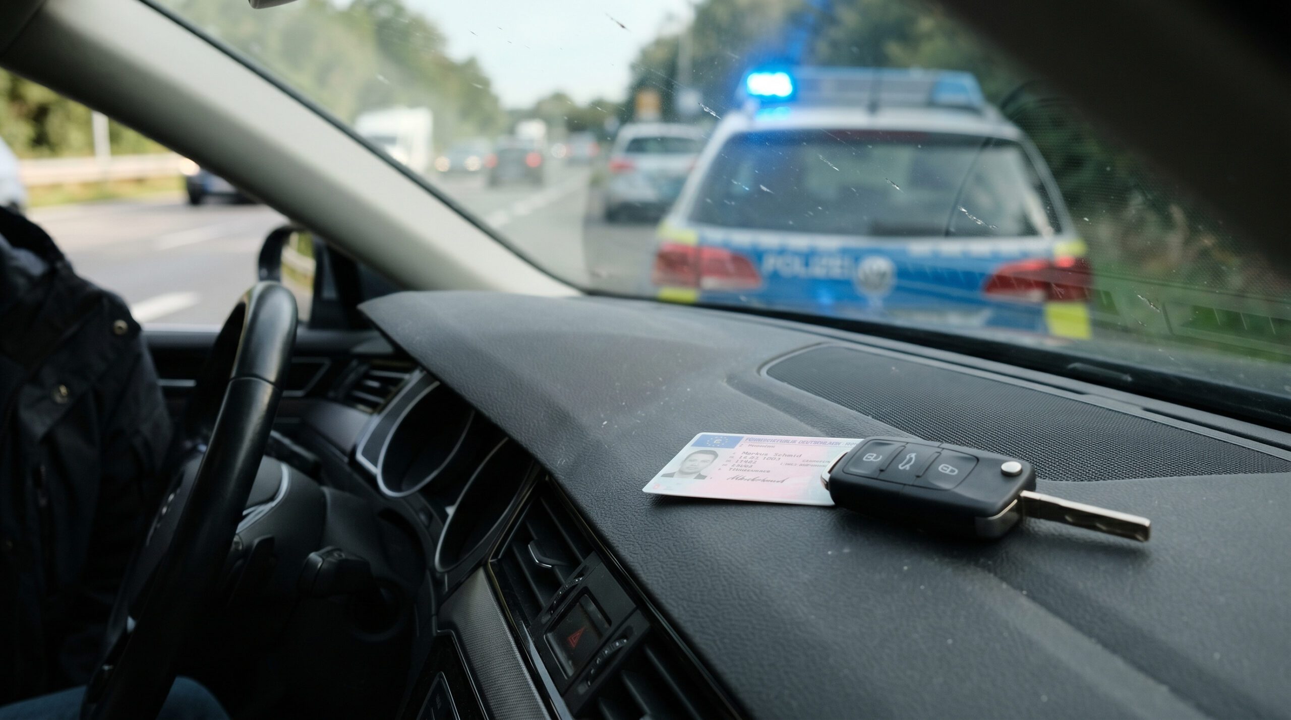 Deutscher Führerschein und Autoschlüssel auf einem Armaturenbrett, im Hintergrund spiegelt sich blaues Licht.
