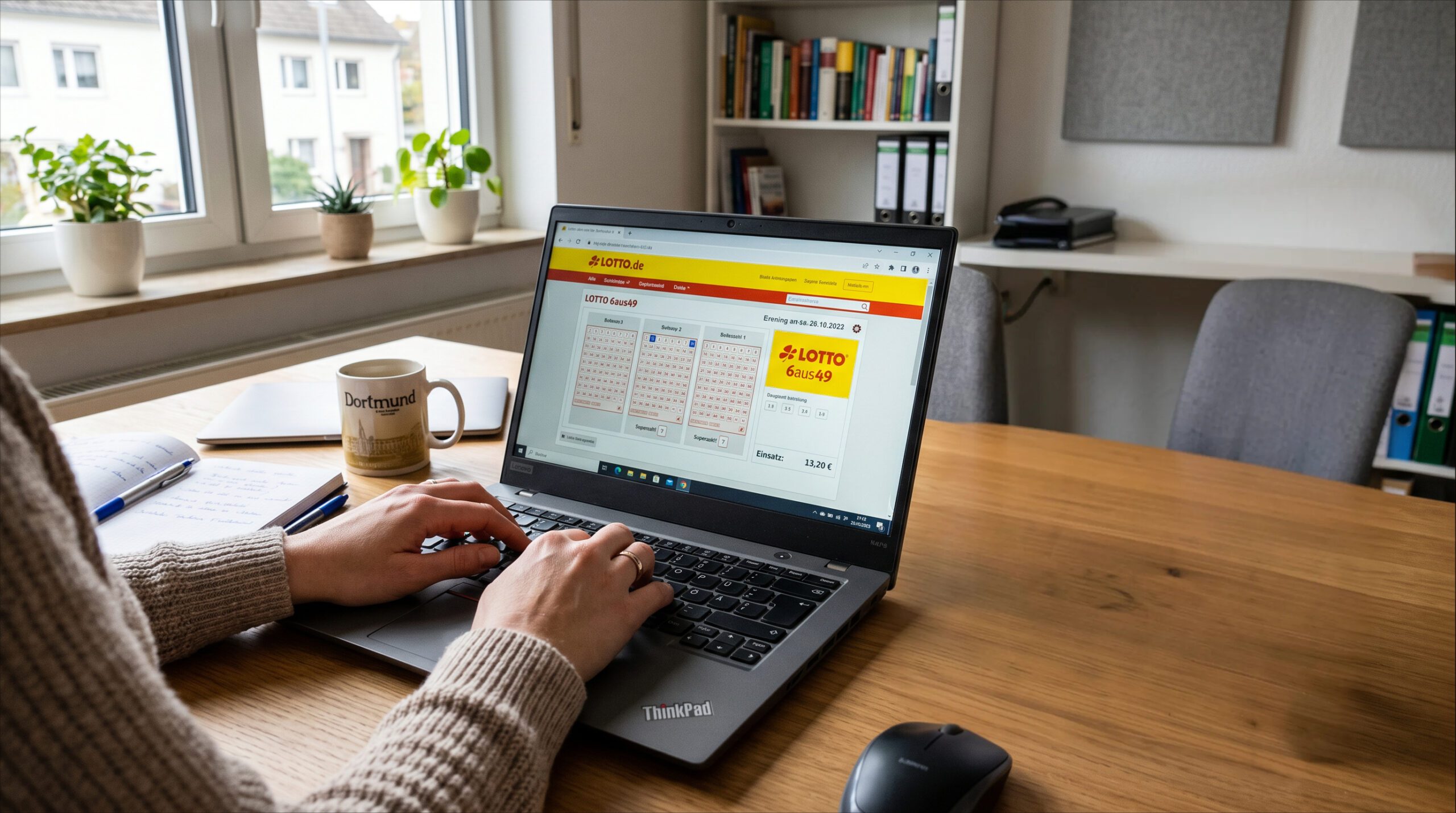 Hände an einem Laptop mit Lotto-Webseite neben einer amtlichen Urkunde aus Gibraltar auf einem Schreibtisch.