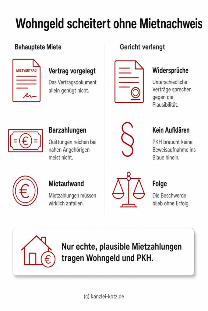 Infografik: Gegenüberstellung von behaupteten Mietzahlungen und den strengen Nachweisanforderungen des Gerichts – Wohngeld und Prozesskostenhilfe scheitern ohne echten, plausiblen Mietnachweis.