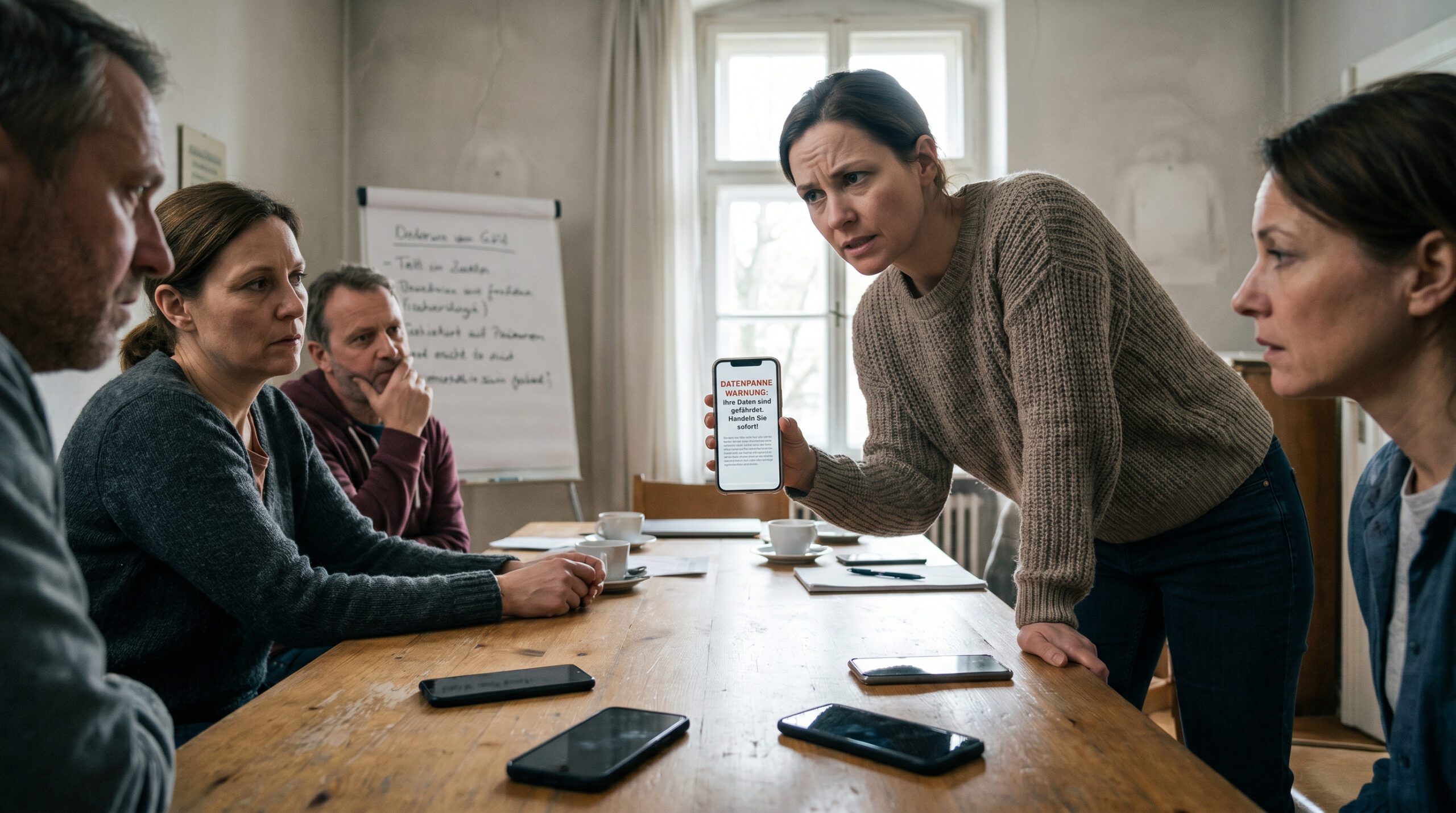 Frau zeigt am Gruppentisch ihr Smartphone mit Datenleck-Benachrichtigung, andere Geräte liegen daneben.