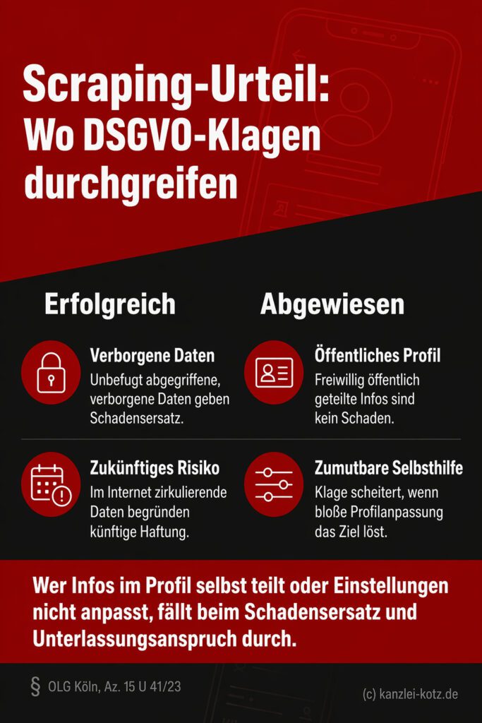 Infografik (Gegenüberstellung): Analyse erfolgreicher vs. abgewiesener DSGVO-Klagen nach einem Scraping-Datenleck.