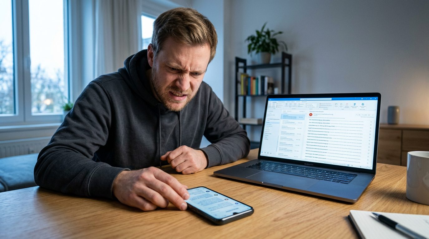 Person am Schreibtisch starrt angespannt auf ein Smartphone mit Phishing-Nachrichten vor einem Laptop voller Spam-Mails.