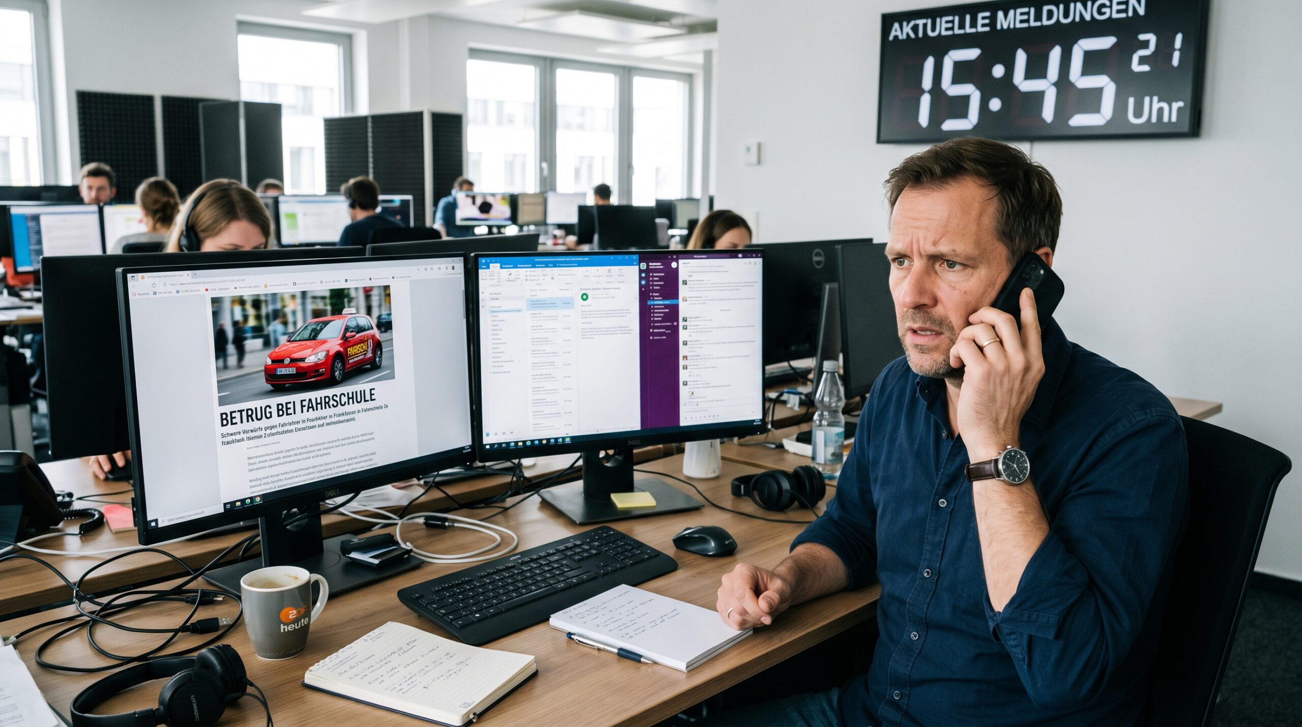 Redakteur am Telefon im Büro, Monitor zeigt Artikelentwurf über Fahrschulbetrug, Wanduhr steht auf kurz vor Deadline.