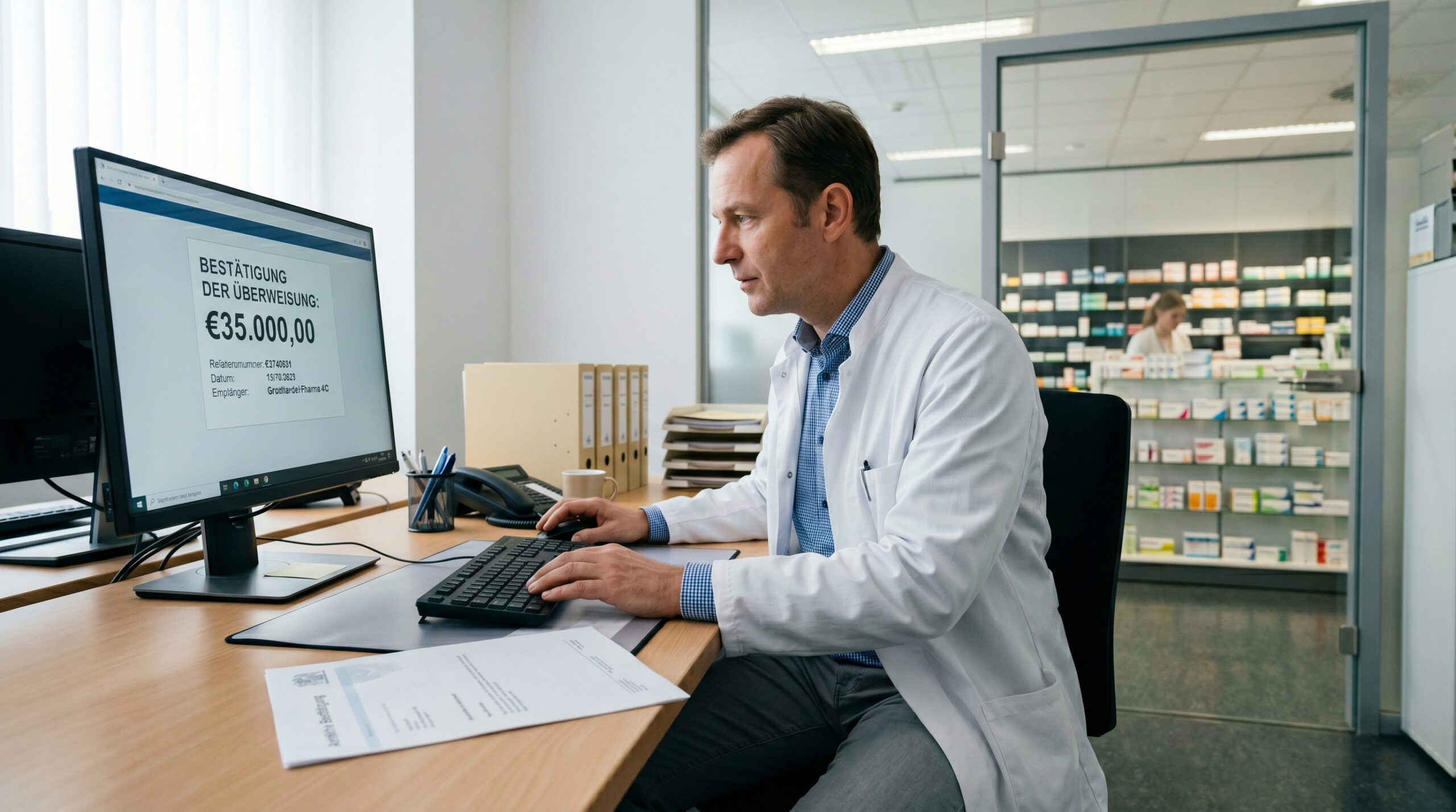 Apotheker am Computer im Backoffice, Monitor zeigt Zahlungseingang, behördliches Schreiben liegt dezent auf dem Schreibtisch.