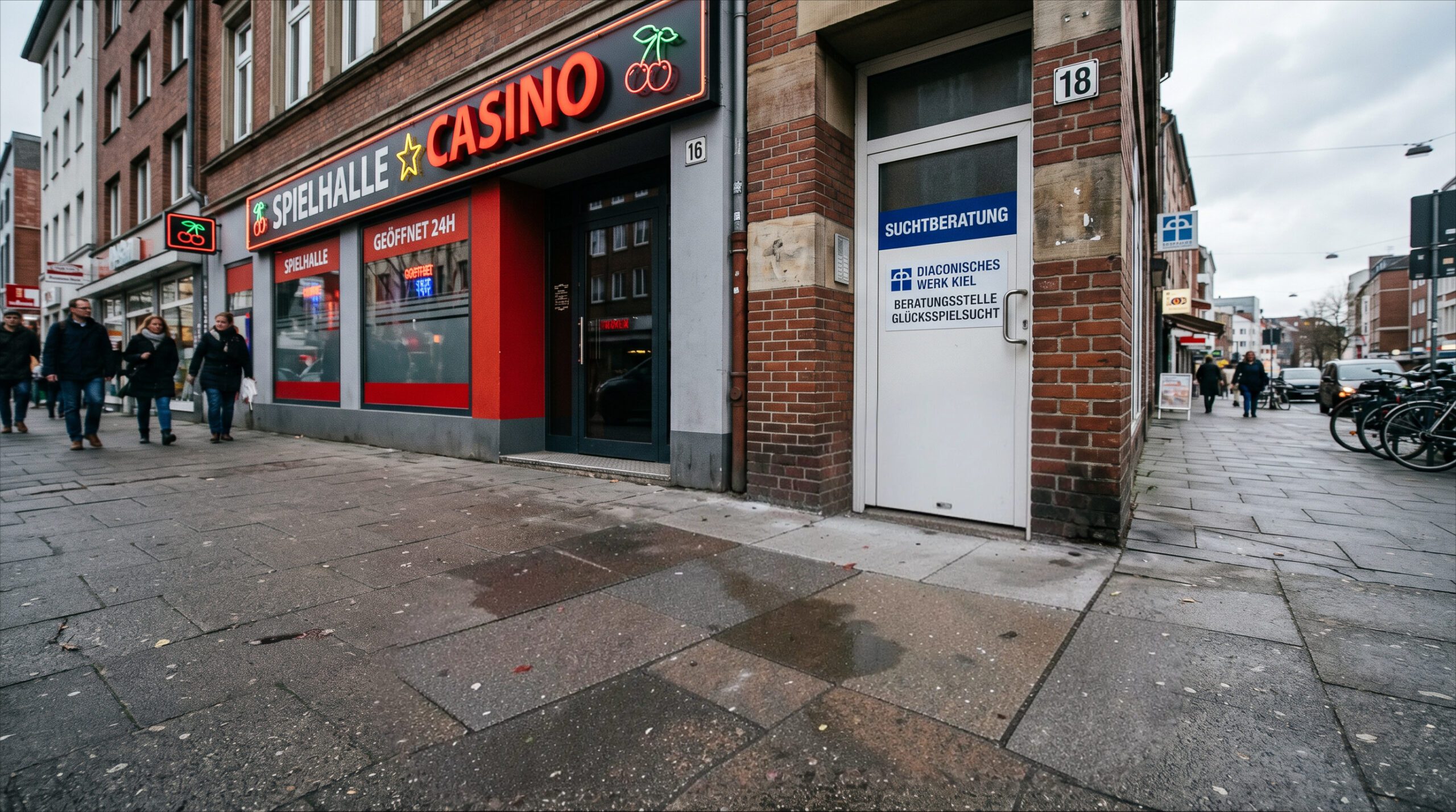 Maßband auf Gehweg zwischen einer Spielhalle und einer Suchtberatungsstelle zur Messung des gesetzlichen Mindestabstands.